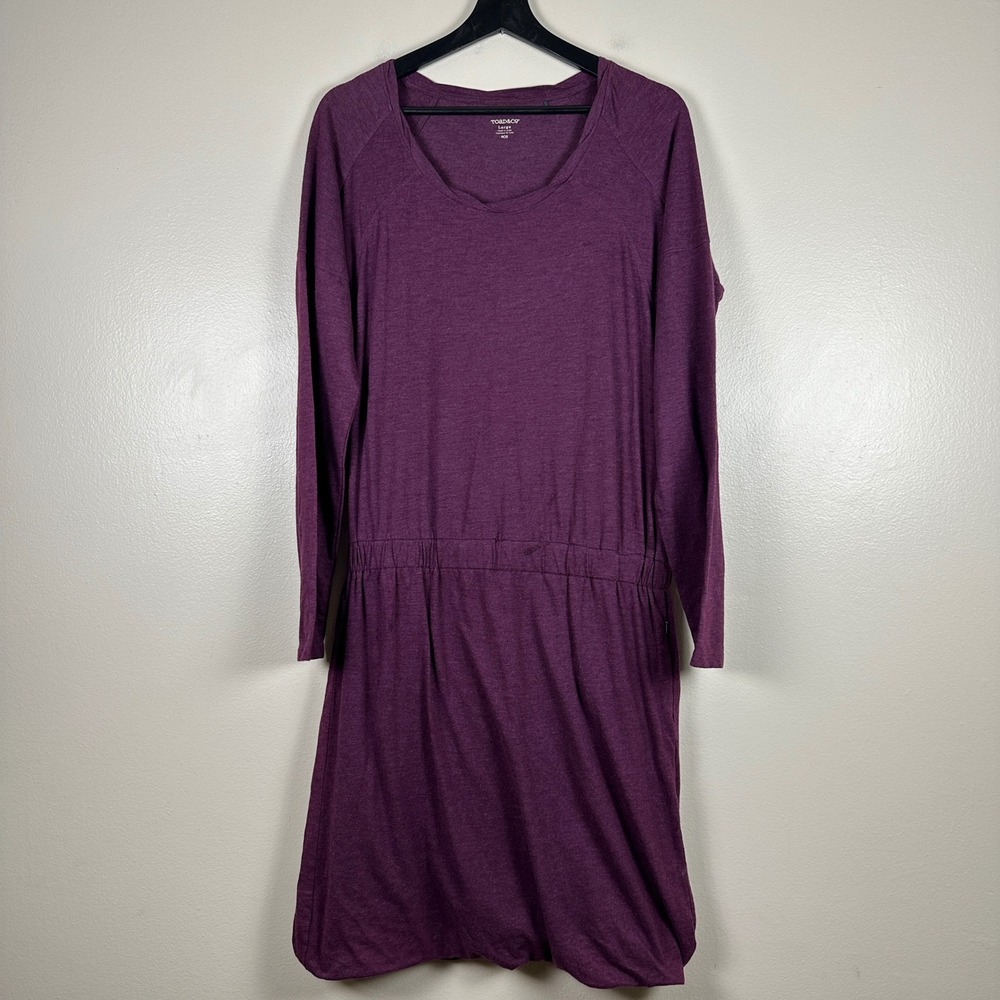 Toad&Co Women's Large Dress Purple Organic Cotton Long Sleeve Elastic Waist Boho